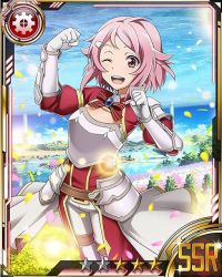 Rule 34 | 10s, 1girl, armor, bow, bowtie, breastplate, card (medium), day, hair ornament, hairclip, lisbeth (sao), one eye closed, open mouth, outdoors, pauldrons, pink eyes, pink hair, red bow, short hair, shoulder armor, solo, striped, striped bow, sword art online