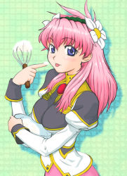 Rule 34 | 00s, 1girl, blue eyes, blush, bowl, breasts, broccoli (company), cake batter, cooking, flower, galaxy angel, impossible clothes, large breasts, long hair, looking at viewer, milfeulle sakuraba, non-web source, pink hair, puffy sleeves, solo, tongue, tongue out, whiff, whisk
