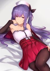 Rule 34 | 1girl, ajax (azur lane), armpits, azur lane, bed sheet, black bow, black pantyhose, blunt bangs, blush, bow, breasts, capelet, detached sleeves, hat, kameponde, long hair, looking at viewer, pantyhose, pink eyes, purple hair, red skirt, skirt, small breasts, smile, solo, teeth, twintails, white hat