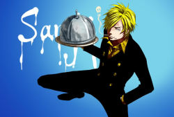 Rule 34 | 1boy, black pants, blonde hair, blue theme, character name, cigarette, collared shirt, eilinna, facial hair, fighting stance, formal, goatee, gradient background, hair over one eye, hand in pocket, lid, male focus, necktie, one piece, pants, sanji (one piece), shirt, skull, smoke, smoking, solo, suit, tray, yellow shirt