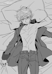 Rule 34 | 10s, 1boy, aldnoah.zero, bad id, bad pixiv id, bed, greyscale, looking at viewer, lying, m2r, male focus, monochrome, navel, open clothes, open fly, open shirt, pectorals, pillow, scar, shirt, slaine troyard, solo