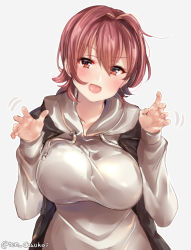 Rule 34 | 1girl, alternate costume, bad id, bad pixiv id, black vest, blush, breasts, commentary request, fangs, hair between eyes, hood, hoodie, juurouta, kantai collection, kinu (kancolle), large breasts, looking at viewer, open mouth, orange eyes, paw pose, red hair, short hair, solo, vest