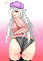 Rule 34 | 1girl, ?, aged up, ass, black panties, black thighhighs, blush, breasts, fate (series), from behind, hat, highres, illyasviel von einzbern, large breasts, long hair, looking at viewer, marupuni, no pants, open mouth, panties, red eyes, ribbed sweater, shiny skin, sideboob, silver hair, solo, sweat, sweater, thighhighs, underwear