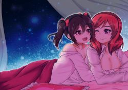 Rule 34 | bare shoulders, bed sheet, black hair, blush, breasts, cleavage, collarbone, long hair, looking at another, love live!, love live! school idol project, lovejuice (elmokun moe), lying, nishikino maki, on bed, on stomach, one eye closed, open clothes, open mouth, open shirt, purple eyes, red hair, shirt, short hair, twintails, yazawa nico, yuri