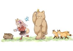 Rule 34 | 1girl, animal, animal ear fluff, animal ears, bear, bird, black socks, black skirt, blue flower, bluebird, boar, boots, brown eyes, brown hair, bug, butterfly, capelet, chibi, commentary request, flower, fox, frilled skirt, frills, grass, hair flower, hair ornament, hair ribbon, hood, hood down, hooded capelet, insect, kneehighs, long hair, long sleeves, open mouth, original, outstretched arms, pink flower, pleated skirt, profile, red capelet, red footwear, red ribbon, ribbon, running, shirt, skirt, socks, solo, tail, wataame27, white background, white shirt, wolf-chan (wataame27), wolf ears, wolf girl, wolf tail