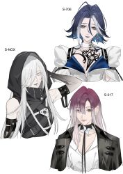 Rule 34 | 3girls, absurdres, adela (path to nowhere), black jacket, blue hair, closed mouth, collarbone, earrings, expressionless, grey hair, hair over one eye, heterochromia, highres, hood, hoodie, jacket, jewelry, lipstick, long hair, looking at viewer, makeup, multicolored hair, multiple girls, nox (path to nowhere), path to nowhere, purple eyes, purple hair, shalom (path to nowhere), simple background, smile, streaked hair, toho10min, two-tone hair, upper body, white background