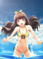 Rule 34 | 1girl, :d, amanogawa kirara, bikini, breasts, brown hair, front-tie top, go! princess precure, hairband, long hair, looking at viewer, navel, ocean, open mouth, partially submerged, precure, purple eyes, side-tie bikini bottom, slowpit, small breasts, smile, solo, swimsuit, twintails, wading, water, yellow bikini