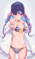 Rule 34 | 1girl, absurdres, animal print, baseball cap, bikini, blue hair, blue nails, blush, bow, braid, breasts, cat print, cleavage, collarbone, hat, highres, hololive, long hair, looking at viewer, medium breasts, midriff, minato aqua, minato aqua (hololive summer 2019), multicolored hair, nail polish, navel, off shoulder, open clothes, open shirt, parted lips, pink eyes, pink hair, sidelocks, simple background, smile, solo, stomach, streaked hair, striped bikini, striped clothes, swimsuit, thighs, twin braids, two-tone hair, ushi miruki, virtual youtuber, white background