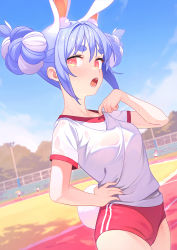 Rule 34 | 1girl, 4girls, adjusting shirt, animal ear fluff, animal ears, blouse, blue hair, breasts, buruma, commentary, cowboy shot, double bun, dutch angle, english commentary, foliage, from side, gym shirt, gym uniform, hair bun, hand on own chest, hand on own hip, highres, hikimayu, hololive, looking at viewer, looking to the side, multiple girls, nervous sweating, open mouth, outdoors, rabbit ears, rabbit tail, racetrack, ruien (wu jui-en), see-through, shirt, short eyebrows, sky, small breasts, solo focus, sweat, tail, thick eyebrows, tokoyami towa, track and field, tsunomaki watame, uruha rushia, usada pekora, virtual youtuber, wet, wet clothes, wet shirt, white hair, white shirt