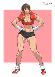 Rule 34 | 2024, abs, absurdres, artist name, black shorts, boxing gloves, bra, breasts, brown hair, cirenk, cleavage, clenched hands, full body, hand wraps, hands on own hips, highres, large breasts, legs, looking at viewer, muscular, muscular female, red bra, saotome senshu hita kakusu, saotome yae, shoes, short hair, short shorts, shorts, simple background, sports bra, sportswear, standing, sweat, thighs, underwear