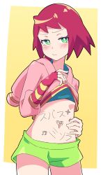 Rule 34 | 1girl, absurdres, blush, body writing, buzzlyears, clothes lift, female focus, green eyes, heart, highres, hood, hoodie, japanese text, looking at viewer, mega man (series), mega man star force, midriff, red hair, shirt lift, shorts, sonia strumm (mega man), standing, tagme, tears, translation request