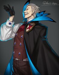 Rule 34 | 1boy, ascot, black gloves, cloak, facial hair, fate/grand order, fate (series), feathers, gloves, highres, james moriarty (archer) (fate), male focus, mustache, nagiko (mangalove1111), pants, pinstripe pants, pinstripe pattern, solo, striped clothes, striped pants, twitter username, vertical-striped clothes, vertical-striped pants, vest, waistcoat, white hair