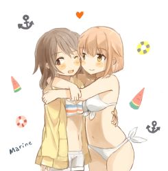 Rule 34 | 2girls, :d, anchor, bikini, bikini top only, blush, breasts, brown eyes, brown hair, closed mouth, food, foomi, front-tie bikini top, front-tie top, fruit, hair between eyes, heart, hood, hoodie, hug, lifebuoy, light brown hair, long hair, long sleeves, medium breasts, multiple girls, navel, one eye closed, open clothes, open hoodie, open mouth, original, short shorts, shorts, side-tie bikini bottom, sleeves past wrists, smile, striped bikini, striped bikini top, striped clothes, swim ring, swimsuit, watermelon, wavy mouth, white background, white bikini, white shorts, yuri
