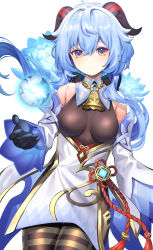 Rule 34 | 1girl, absurdres, ahoge, armpit crease, bare shoulders, bell, black bodysuit, blue eyes, blue gloves, blush, bodysuit, breasts, breasts apart, chinese knot, closed mouth, commentary request, cowbell, curled horns, detached sleeves, energy ball, feet out of frame, fingernails, ganyu (genshin impact), genshin impact, gloves, goat horns, gold trim, head rest, highres, horns, large breasts, lips, long hair, looking at viewer, neck bell, orb, purple eyes, red horns, red rope, rope, sidelocks, simple background, smile, solo, standing, upper body, white background, wide sleeves, yuujin (yuzinn333)