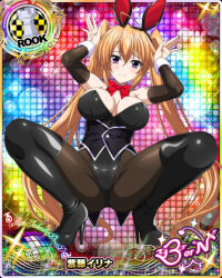 Rule 34 | 1girl, animal ears, black leotard, black thighhighs, boots, bow, bowtie, breasts, card (medium), chess piece, cleavage, coattails, detached collar, detached sleeves, fake animal ears, female focus, hairband, high heel boots, high heels, high school dxd, highleg, highleg leotard, large breasts, leotard, long hair, looking at viewer, official art, orange hair, pantyhose, playboy bunny, purple eyes, rabbit ears, rabbit pose, red bow, red bowtie, rook (chess), shidou irina, smile, solo, squatting, strapless, strapless leotard, thigh boots, thighhighs, twintails, wrist cuffs
