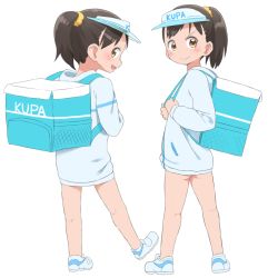 Rule 34 | 1girl, backpack, bag, brown eyes, brown hair, bubukka, commentary request, full body, looking at viewer, open mouth, original, ponytail, shoes, simple background, solo, standing, visor cap, white background, white footwear