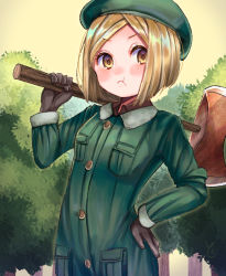 Rule 34 | 1girl, :t, axe, beret, black gloves, blonde hair, brown gloves, coat, fate/grand order, fate (series), gloves, green coat, hand on own hip, hat, looking at viewer, over shoulder, paul bunyan (fate), pout, short hair, solo, tomu (zundaizu106), weapon, weapon over shoulder, yellow eyes