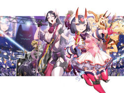 Rule 34 | 1boy, 3girls, audience, b.c.n.y., band, bass guitar, black gloves, blonde hair, boots, cropped jacket, crowd, dress, drum, elbow gloves, eyeliner, fate/grand order, fate (series), frills, gloves, guitar, highres, holding bass guitar, holding instrument, horns, ibaraki douji (fate), instrument, long hair, low-tied long hair, makeup, minamoto no raikou (fate), multiple girls, open mouth, outside border, pink footwear, purple dress, purple eyes, purple hair, sakata kintoki (fate), shuten douji (fate), skin-covered horns, smile, thigh boots, very long hair