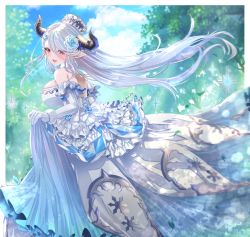 Rule 34 | 1girl, breasts, draph, dress, elbow gloves, flower, from behind, gloves, granblue fantasy, hair flower, hair ornament, hat, highres, horns, izmir, kirika (nutsmoon), large breasts, long dress, long hair, looking back, mole, mole under mouth, pointy ears, red eyes, silver hair, twitter username