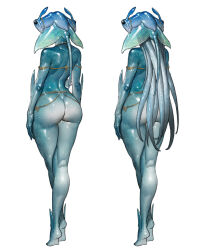 Rule 34 | 1girl, ankle fins, aqua skin, arm fins, ass, barefoot, commentary, crossed legs, english commentary, fins, from behind, full body, jewelry, monster girl, multiple views, necklace, original, revealing clothes, shoulder blades, tahra, tentacle hair, tiptoes