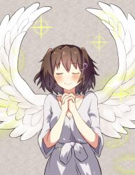 Rule 34 | 1girl, angel wings, brown hair, closed eyes, dress, furutaka (kancolle), grey background, highres, kantai collection, official alternate costume, own hands clasped, own hands together, short hair, smile, solo, sparkle, standing, white dress, white wings, wings, y ko-nu t