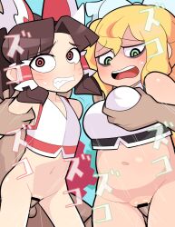 Rule 34 | 2boys, 2girls, alternate costume, armpits, arms up, bags under eyes, bar censor, benikurage (cookie), blonde hair, blue background, bottomless, bow, breasts, brown hair, censored, cheerleader, commentary request, cookie (touhou), covered erect nipples, cowboy shot, crop top, facial mark, flat chest, frilled bow, frilled hair tubes, frills, grabbing, grabbing another&#039;s breast, green eyes, hair between eyes, hair bow, hair tubes, hakurei reimu, hetero, hospital king, kirisame marisa, large breasts, long hair, mars (cookie), medium bangs, medium hair, multiple boys, multiple girls, navel, open mouth, parted bangs, penis, plump, pom pom (cheerleading), ponytail, pussy, red bow, red eyes, ringed eyes, round teeth, sex, sex from behind, simple background, small breasts, smile, teeth, touhou, vaginal, wavy mouth, whisker markings, white bow