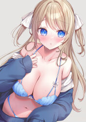 Rule 34 | 1girl, absurdres, bare shoulders, bikini, blonde hair, blue bikini, blue eyes, blue jacket, blush, breasts, cleavage, collarbone, commentary request, dutch angle, grey background, hair ornament, halterneck, highres, jacket, kmr 7m, large breasts, long sleeves, looking at viewer, navel, off shoulder, original, parted lips, raised eyebrows, simple background, sleeves past wrists, solo, stomach, swimsuit, two side up, wet