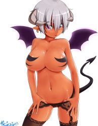 Rule 34 | 1girl, bat wings, breasts, brown thighhighs, cleavage, colored skin, cowboy shot, dark-skinned female, dark skin, demon girl, earrings, garter belt, horns, jewelry, large breasts, pointy ears, potion (moudamepo), red skin, silver hair, simple background, skindentation, solo, tail, thighhighs, white background, wings