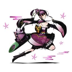 Rule 34 | 10s, 1girl, bare shoulders, black footwear, boots, breasts, detached sleeves, divine gate, flower, from side, full body, hair flower, hair ornament, kaguya (divine gate), large breasts, long hair, looking at viewer, nail polish, official art, pink flower, pink nails, ponytail, purple hair, sash, shadow, shiny skin, sideboob, solo, taketori monogatari, transparent background, ucmm, yellow eyes