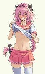Rule 34 | 1boy, astolfo (fate), astolfo (sailor paladin) (fate), black bow, blush, bow, braid, clothes lift, fate/apocrypha, fate/grand order, fate (series), hair intakes, hair ribbon, highres, long hair, looking at viewer, male focus, midriff, multicolored hair, navel, official alternate costume, pas (paxiti), pink hair, pleated skirt, purple eyes, red sailor collar, red skirt, ribbon, sailor collar, school uniform, shirt lift, single braid, skirt, smile, stomach, streaked hair, sweat, thighhighs, trap, very long hair, white legwear, zettai ryouiki