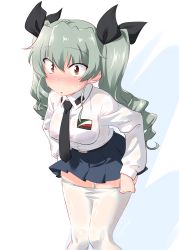 Rule 34 | 1girl, :o, anchovy (girls und panzer), anzio school uniform, belt, black belt, black necktie, black ribbon, black skirt, blush, clothes pull, commentary, dated, dress shirt, drill hair, emblem, girls und panzer, green hair, hair ribbon, highres, kuzuryuu kennosuke, leaning forward, long hair, long sleeves, looking at viewer, miniskirt, necktie, one-hour drawing challenge, pantyhose, pantyhose pull, parted lips, pleated skirt, pulling own clothes, red eyes, ribbon, school uniform, see-through, shirt, simple background, skirt, solo, standing, sweat, twin drills, twintails, twitter username, undressing, wet, wet clothes, wet shirt, white background, white pantyhose, white shirt