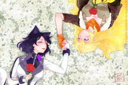 Rule 34 | 2girls, animal ears, blake belladonna, blonde hair, blush, breasts, brown jacket, cat ears, cleavage, closed eyes, closed mouth, commentary, english commentary, english text, fingerless gloves, flower, from above, gloves, highres, holding, holding flower, holding hands, jacket, kyrus hiki, large breasts, lily (flower), long sleeves, lying, mechanical arms, multiple girls, on back, orange gloves, orange scarf, parted lips, purple eyes, purple hair, red flower, red rose, rose, rwby, scarf, short hair, short sleeves, single mechanical arm, smile, white flower, white jacket, yang xiao long, yuri, zipper, zipper pull tab