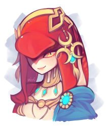 Rule 34 | 1girl, blush, colored skin, fins, fish girl, gem, glowing, hair ornament, highres, jewelry, lips, looking at viewer, mipha, nintendo, pink lips, red skin, smile, solo, the legend of zelda, the legend of zelda: breath of the wild, yellow eyes, zora