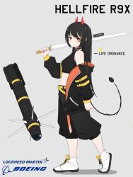 Rule 34 | 1girl, agm-114 hellfire, agm-114 hellfire r9x, air-to-surface missile, anti-personnel weapon, atamonica, black hair, black jacket, black shorts, black tank top, boeing, english text, grey background, highres, holding, holding sword, holding weapon, horns, jacket, kinetic energy penetrator, lockheed martin, logo, long sleeves, looking at viewer, missile, original, personification, precision-guided munition, red eyes, shorts, solo, surface-to-surface missile, sword, tail, tank top, weapon