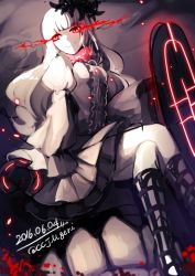Rule 34 | 10s, 1girl, abyssal ship, bad id, bad pixiv id, blunt bangs, boots, colored skin, crossed legs, dated, dress, flower, frills, glowing, glowing eyes, hair ornament, horns, ieki, kantai collection, knee boots, long hair, long sleeves, looking to the side, lycoris princess, machinery, puffy long sleeves, puffy sleeves, red eyes, sitting, skirt, smile, solo, teeth, twitter username, white hair, white skin