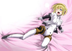 Rule 34 | 1girl, aegis (persona), android, arched back, atlus, blonde hair, blue eyes, blush, breasts, hairband, lying, one eye closed, open clothes, open mouth, open shirt, orgasm, persona, persona 3, saliva, segami daisuke, shirt, short hair, solo, spontaneous orgasm, spread legs, tears, wink