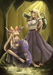 Rule 34 | 2girls, amibazh, anklet, barefoot, blonde hair, bow, breasts, brown eyes, cave, chain, cuffs, gourd, grin, hair bow, highres, horn ornament, horn ribbon, horns, hoshiguma yuugi, ibuki suika, jewelry, large breasts, long hair, looking at viewer, multiple girls, oni, pot, red eyes, ribbon, shackles, shirt, single horn, sitting, skirt, smile, standing, touhou