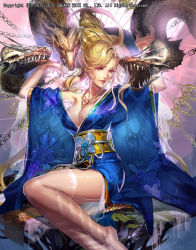 Rule 34 | 1girl, bare shoulders, blonde hair, blue kimono, breasts, demon girl, earrings, emperors saga, hands up, highres, hydra, japanese clothes, jewelry, kimono, large breasts, legs together, liduke, looking at viewer, monster, necklace, no bra, obi, official art, pointy ears, red eyes, sash, see-through, sitting, solo, thighhighs, watermark