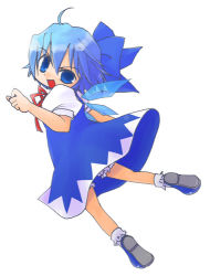 Rule 34 | 1girl, blouse, blue dress, blue hair, bow, cirno, dress, embodiment of scarlet devil, female focus, hair bow, ice, ice wings, looking at viewer, lowres, makiemon, open mouth, puffy short sleeves, puffy sleeves, red ribbon, ribbon, shirt, short sleeves, solo, touhou, wings