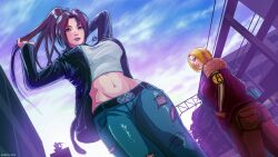 Rule 34 | 2girls, absurdres, ass, belt, blonde hair, blue eyes, blue mary, breasts, brown eyes, brown hair, denim, fatal fury, female focus, highres, hokutomaru, jacket, jeans, large breasts, looking at viewer, looking back, midriff, multiple girls, navel, open clothes, open jacket, pants, parted lips, pink lips, shiranui mai, short hair, smile, snk, the king of fighters, toned, torn clothes, torn jeans, torn pants