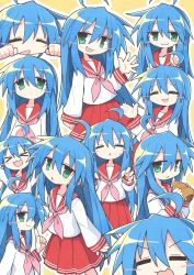 Rule 34 | &gt;3&lt;, &gt;o&lt;, 1girl, :3, :o, = =, ahoge, asameshi, blue hair, blush, chocolate cornet, collage, commentary, cowboy shot, eating, food, green eyes, highres, index finger raised, izumi konata, long hair, lucky star, mole, mole under eye, neckerchief, outline, pink neckerchief, red sailor collar, red skirt, ryouou school uniform, sailor collar, school uniform, serafuku, shirt, simple background, skirt, solo, upper body, waving, white outline, white shirt, yellow background