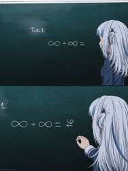 Rule 34 | 1girl, 2koma, alternate costume, artist name, blue hair, blue shirt, chalk, chalkboard, comic, commentary, english commentary, english text, from behind, from side, gardavwar, gawr gura, grey hair, hand up, highres, holding, holding chalk, hololive, hololive english, long sleeves, math, medium hair, multicolored hair, photo-referenced, sailor collar, school uniform, serafuku, shark girl, shirt, signature, streaked hair, two side up, upper body, virtual youtuber, white sailor collar
