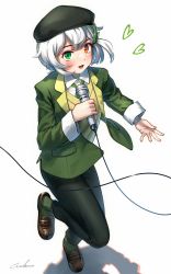 Rule 34 | 1girl, :d, absurdres, androgynous, beret, black hat, black pants, blouse, borrowed character, brown eyes, brown hair, commentary request, green eyes, green jacket, green socks, hair ornament, hairclip, hat, heart, highres, holding, holding microphone, jacket, long sleeves, looking at viewer, microphone, open clothes, open jacket, open mouth, original, pants, shirt, shoes, short hair, silver hair, simple background, smile, socks, solo, vest, welt (kinsei koutenkyoku), white background, white shirt, yellow vest