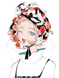 Rule 34 | 1girl, apron, black apron, black headwear, black ribbon, blue eyes, bonnet, commentary, english commentary, eyelashes, fish, fish on head, floral print, freckles, koi, long sleeves, looking at viewer, neck ribbon, one eye closed, open mouth, orange hair, original, peekamine, ribbon, shirt, short hair, simple background, solo, teeth, thick eyebrows, too many, too many fish, turtleneck shirt, upper body, upper teeth only, white background, white shirt, white sleeves