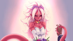 Rule 34 | 1girl, android 21, bare shoulders, black sclera, bouquet, breasts, cleavage, colored sclera, dragon ball, dragon ball fighterz, dress, flower, hair flower, hair ornament, highres, jewelry, looking at viewer, majin android 21, muscle, muscular, muscular female, necklace, plague of gripes, pointy ears, pov, red eyes, smile, solo focus, tail, upper body, wedding dress