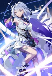 1girl absurdres black_flower black_hairband blue_eyes boots breasts detached_sleeves dress earrings flower foot_out_of_frame grin hairband high_heel_boots high_heels high_ponytail highres honkai_(series) honkai_impact_3rd jewelry kiana_kaslana kiana_kaslana_(herrscher_of_finality) large_breasts long_hair looking_at_viewer purple_hair single_earring smile solo sparks_summer very_long_hair white_dress white_footwear white_hair