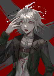 Rule 34 | 1boy, absurdres, bad id, bad pixiv id, black jacket, chain, collar, collarbone, commentary request, danganronpa (series), danganronpa another episode: ultra despair girls, grey background, grey eyes, grey shirt, hand up, highres, jacket, kabedan (yasai oisidaro), komaeda nagito, long sleeves, looking at viewer, male focus, medium hair, metal collar, official alternate costume, open clothes, open jacket, open mouth, red background, servant (danganronpa), shirt, solo, striped clothes, striped shirt, teeth, upper teeth only