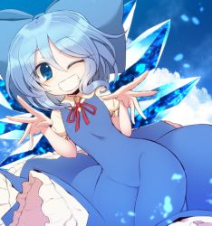 Rule 34 | 1girl, ;d, blouse, blue background, blue dress, blue eyes, blue hair, blush, bow, breasts, cirno, collared shirt, cowboy shot, dress, frilled dress, frilled skirt, frills, grin, hair between eyes, hair bow, ice, ice wings, kuresento, looking at viewer, neck ribbon, no nose, one eye closed, open mouth, puffy sleeves, red ribbon, ribbon, shirt, short hair, short sleeves, skirt, small breasts, smile, solo, spread fingers, taut clothes, taut dress, touhou, white shirt, wide hips, wings