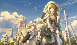 Rule 34 | 1girl, absurdly long hair, argyle, argyle clothes, argyle legwear, bird, black footwear, blonde hair, blue sky, blunt bangs, bridal garter, building, cable, cloud, day, flock, forever 7th capital, hand up, huanxiang huifeng, long hair, outdoors, power lines, ruins, shoes, sitting, sky, skyscraper, solo, very long hair