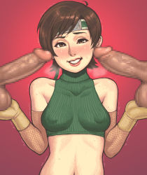 Rule 34 | 1girl, 2boys, bare shoulders, blush, breasts, breasts apart, breath, brown eyes, brown hair, caressing testicles, censored, clothed female nude male, collarbone, covered erect nipples, crop top, dark penis, detached sleeves, final fantasy, final fantasy vii, fishnets, forehead protector, gloves, half-closed eyes, hetero, large penis, lips, maou alba, medium breasts, midriff, mosaic censoring, multiple boys, multiple penises, navel, ninja, nose, nose blush, nude, penis, red background, short hair, sleeveless, sleeveless turtleneck, solo focus, sweat, swept bangs, testicles, trembling, turtleneck, yellow gloves, yuffie kisaragi